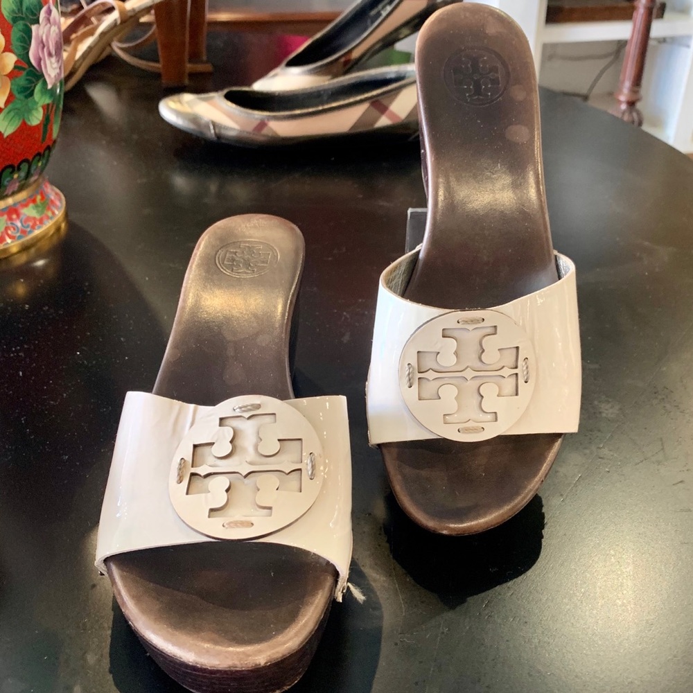 Tory Burch White Patent Leather Wedge Sandals